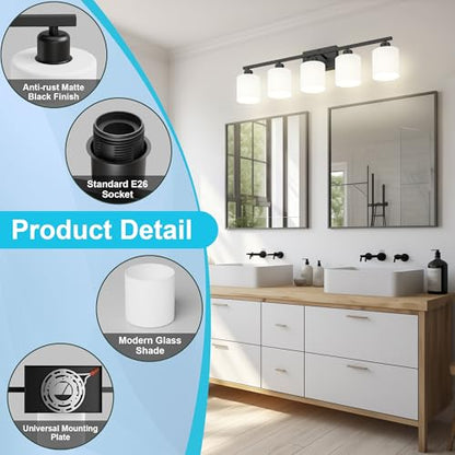 Bathroom Black Lighting Fixtures Over Mirror, Anti-Rust 5-Light Bathroom Vanity Lights,Milky White Glass Shades - color: Black-5Light