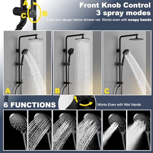 SonTiy 5-Function Retrofit Shower System Matte Black 9 Inch Rain Shower Head with Handheld Spray, Outdoor Stainless Steel Shower Rail Kit for Shower Remodel 2.5Gpm