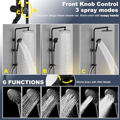 SonTiy 5-Function Retrofit Shower System Matte Black 9 Inch Rain Shower Head with Handheld Spray, Outdoor Stainless Steel Shower Rail Kit for Shower Remodel 2.5Gpm