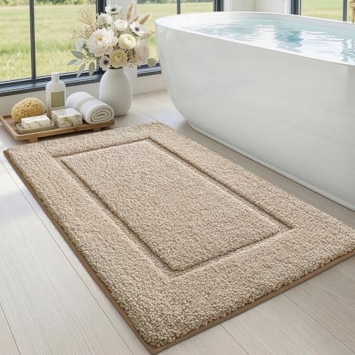DEXI Bath Mat 43x24, Absorbent and Non Slip Bathroom Rugs, Beige | Soft Plush Microfiber Bathmat, Machine Washable & Quick Dry, Rubber Back Rug for Shower, Tub, Sink - color: Beige, size: 43" X 24" (Rectangular)