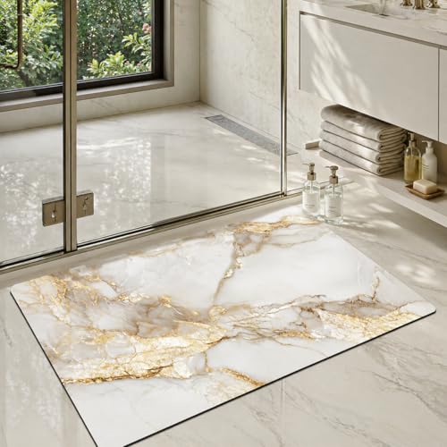 Color&Geometry Gold Marble Bathroom Rugs Non Slip,Absorbent Thin Bath Mat | Washable Bath mats for Bathroom,Small Bath Mat Quick Dry Low Pile Bathroom Rug for Bathtub and Shower Floor 24"x16" - color: Gold-veined White Marble, size: 16"x24"-Small