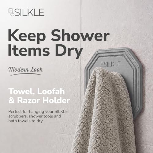 SILKLE Silicone Shower Hooks for Inside Shower, 2-Pack Adhesive Towel Hooks | Adhesive Shower Hooks, No Drill - Razor & Loofah Holders for Shower Wall, Heavy-Duty, Waterproof, Damage-Free - Gray - color: Gray