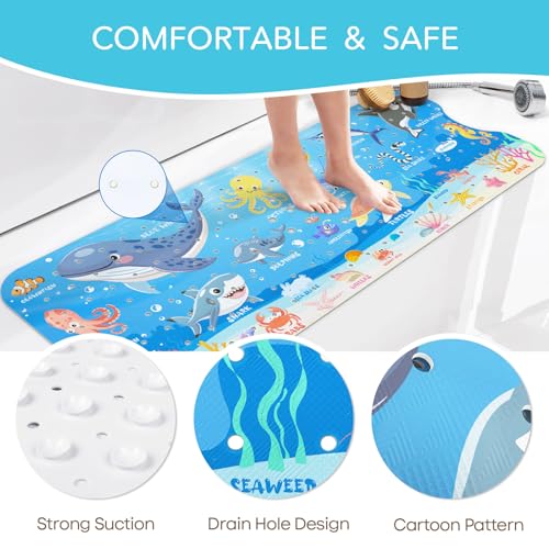 SHUCHING Baby Bath Mat for Tub Non Slip-40x16 Inch, Blue Ocean Animal | Bathtub Mat for Kids & Toddler Mold Free, Long Shower Mat for Inside Shower with Suction Cup, Machine Washable - color: Marine Animal