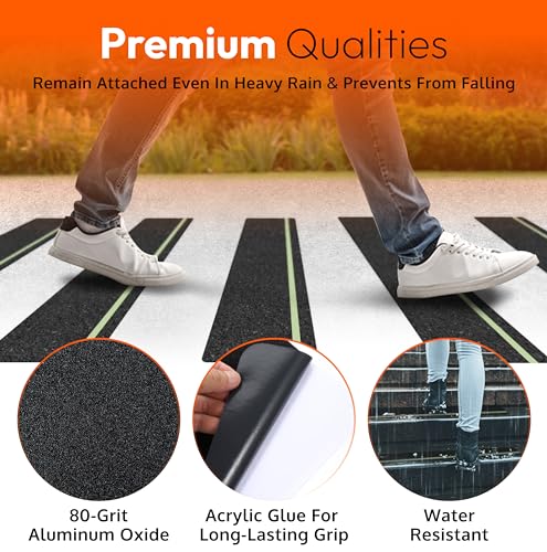 Outdoor Non-Slip Stair Treads With Glow Stripe, High-Traction Grip Tape | 5 Pack, 6 x 24 Inches, Outdoor Use, Grit Non-Skid Surface, Abrasive Adhesive, High-Friction Design, Weather Resistant - size: Glow in Dark, style: 5 Pack
