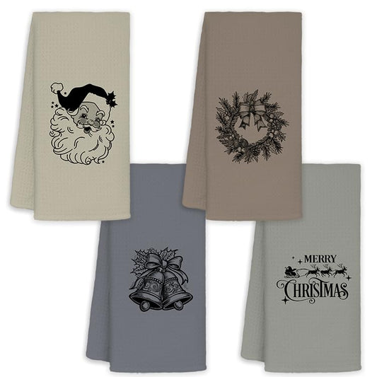JINYO Retro Boho Christmas Kitchen Towels, Vintage Christmas Santa Wreath Bells Reindeer Sleigh Decorative Hand Towels for Bathroom, Winter Xmas Dish Tea Towel for Kitchen Decor, 16x24 Inch Set of 4 - color: Boho Christmas Towels