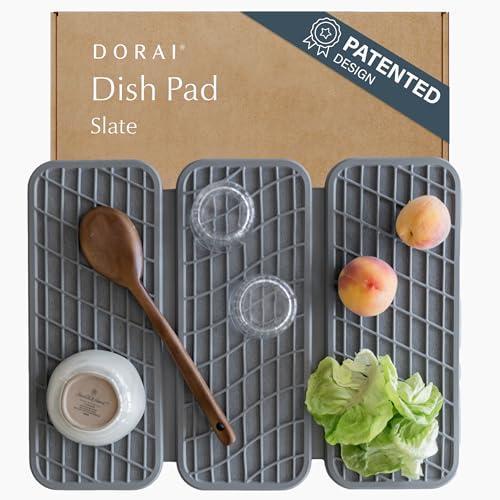 Dorai Home Dish Pad - Collapsable Stone Dish Drying Mat with Diatomaceous Earth for Quick Drying - Ultra Absorbent - Encased in Silicone - Eco-Friendly, Foldable - Original 19.9"x15.2", Slate - color: Slate, size: Original