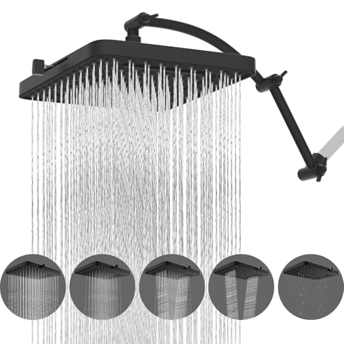Hibbent Rain Shower Head, 13'' High Pressure Rainfall 5 Spray Mode Showerhead with 16" Shower Head Extension Arm, Solid Brass Adjustable Shower Arm Extender, Waterfall fixed Showerheads, Matte Black - color: Matte Black, style: Square 13'' with Arm