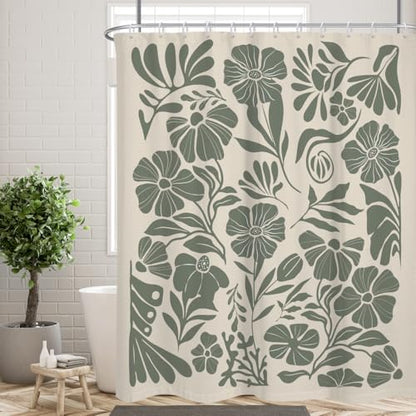 84" Extra Long Bathroom Shower Curtain, Sage Green Boho Wildflower Floral Design, 72x84 Inch Polyester Fabric with 12 Hooks - color: Green, size: 72"W x 84"L (Pack of 1)