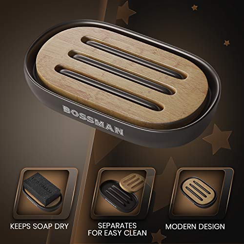 Bossman Soap Dish - Bathroom and Shower Soap Bar Holder - Premium Ceramic Base - Removable Natural Bamboo Soap Tray (Black) - color: Black