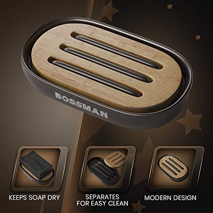 Bossman Soap Dish - Bathroom and Shower Soap Bar Holder - Premium Ceramic Base - Removable Natural Bamboo Soap Tray (Black) - color: Black