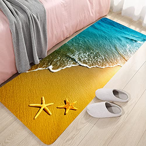 LYFANS Bath Rugs Sponge Foam Absorbent Soft for Bathroom and Kitchen (47x18 inches), Flannel Mat Non Slip Bright 3D Print for Bedside and Living Room(Starfish Beach) - color: Starfish Beach, size: 47x 18 inches