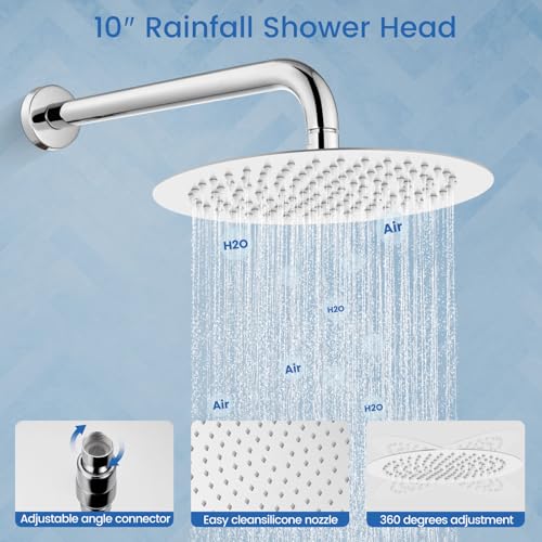 Airuida 3-Function Shower System with Tub Spout – Round Rainfall Shower Faucet Combo,Handheld Spray with 2 Functions,Includes Rough-In Valve with 360° Rotating Drain,10 Inch Shower Head,Chrome Polish - color: Chrome Polish, size: 10 Inch