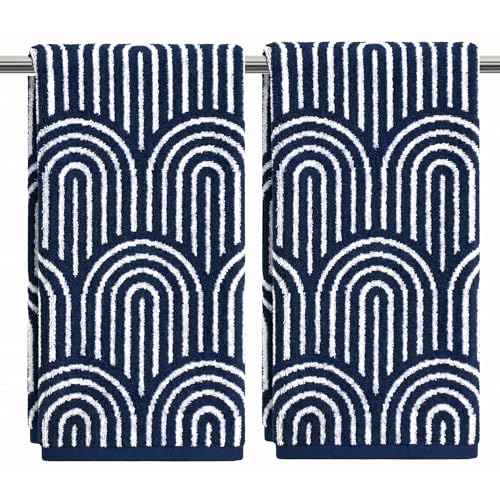 Artoid Mode 2 Pcs Beige Navy Blue Arched Stripes Jacquard Hand Towels for Bathroom, Cotton Soft Absorbent Bathroom Decor Towels, 13.7 x 29.5 Inch - color: Beige/Navy Blue, size: 13.7" x 29.5", 2PCS