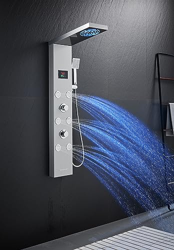 Stainless Steel Shower Panel Tower System with LED lights(No battery need), Hydroelectric LED Rainfall Shower Tower System with 6 Pcs Body Jets, Brushed Nickel - color: Brushed Nickel - 6 Body Jets