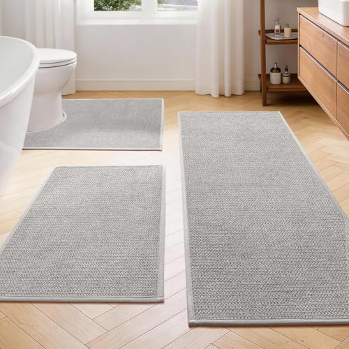YIHOUSE Gray Bathroom Rugs Sets 3 Piece, Quick Dry Thin Bath Mat with Toilet Rug, Non Slip Absorbent Machine Washable, Bath Runner Rugs for Bathtub Sink Home Decor - color: Grey, size: 17"x24"+17"x47"+17.5"x24"U