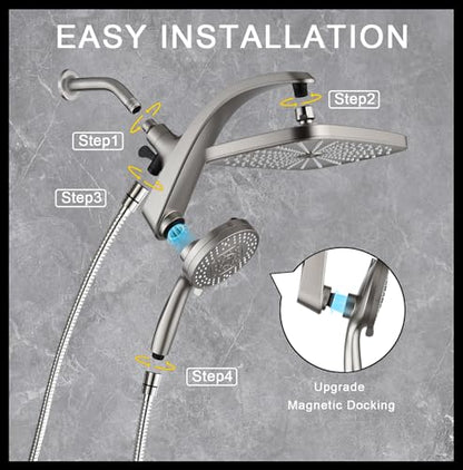 12" High Pressue Rain Shower Head with Handheld, 9 Sprays Hand Showerhead | Shower Heads with Handheld Spray Combo, Dual Head, Built-in Magnetic Docking, Power Jets, 59" Shower Hose, Nickel 1.8GPM - color: Nickel