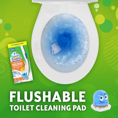 Scrubbing Bubbles Toilet Bowl Cleaning System with Flushable & Disposable Cleaner Refill Pads, Fights Odors and Helps Remove Limescale & Hard Water Stains, Citrus Scent, 1 Wand + 4 Refills + 1 Stand - size: 1 Count (Pack of 1), style: Starter Kit