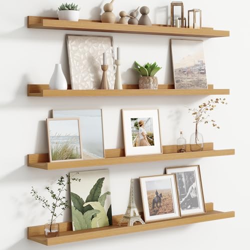 Floating Picture Ledge Shelves for Wall Set of 4, 36 Inch Wall Shelves with Lip Long Large Nursery Book Shelf for Toys Storage Kids Bookshelf Wall Mounted Living Room Bedroom Decor Frames - color: Oak, size: 36'', Set of 4