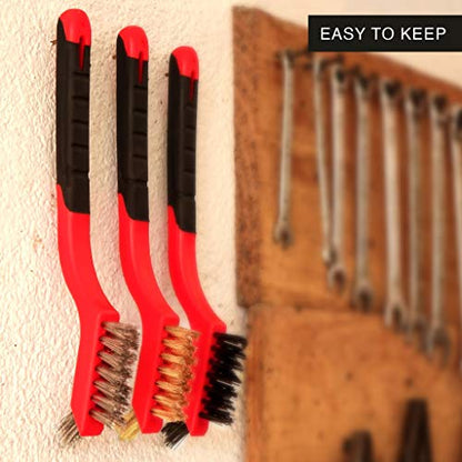 Wire Brush Set 3Pcs - Nylon/Brass/Stainless Steel Bristles with Curved Handle Grip for Rust, Dirt & Paint Scrubbing with Deep Cleaning – 7 Inches (Red) - color: Red