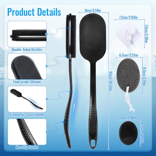 Silicone Back Scrubber for Shower, Bath Brush with Long Handle | Exfoliating & Lathering Body Scrubber Shower Brush - color: Black