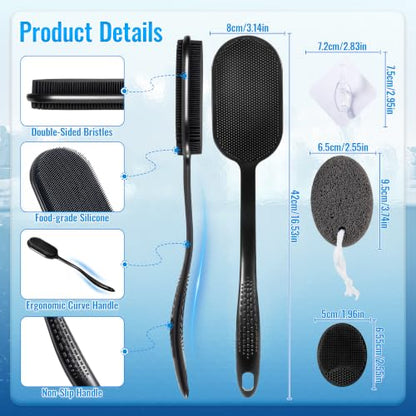 Silicone Back Scrubber for Shower, Bath Brush with Long Handle | Exfoliating & Lathering Body Scrubber Shower Brush - color: Black