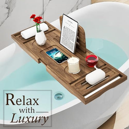 Premium Teak Bathtub Tray Caddy, Expandable Wooden Bath Tray for Bathub, Luxury Bathtub & Bathroom Accessories, Great House Warming, Anniversary & Wedding and Birthday Gifts - color: Premium Teak