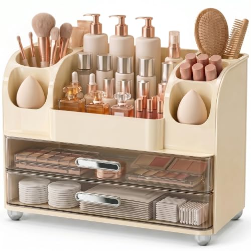 Large Makeup Organizer Countertop for Vanity Skincare Organizers | Makeup Holders and Organizers with 2 Drawers, Waterproof Beauty Organizer for Perfumes Nail Polish Eyeshadow Palettes, Cream - color: Cream