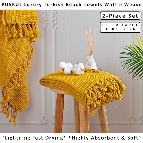 PÜSKÜL 2-Piece Luxury Natural 100% Turkish Cotton Beach Towels Waffle Weave | Mustard, Oversize 35x70" Bath Sheet Towel Lightweight Soft Absorbent Quick-Dry Sand-Free Peshtemal Oeko-Tex Made in Turkey - color: Mustard Yellow