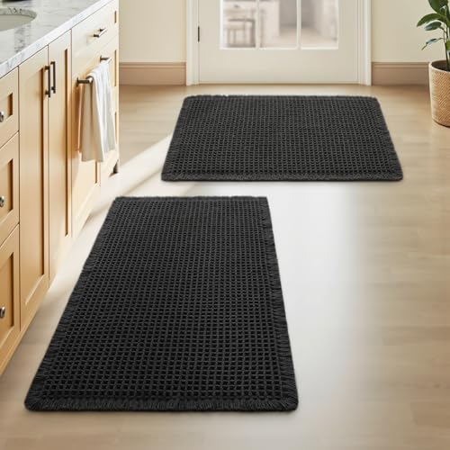 Upgraded Waffle Bath Mats Set of 2, Super Absorbent Non Slip Bath Mats for Bathroom Floor, Washable Boho Bathroom Rugs Set 2 Piece with Tassels, Soft Bathroom Mat Set, 17" x 24" (2 Pack), Black - color: Black, size: 17" x 24" ( 2 PCS )