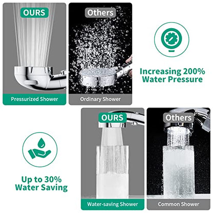 High Pressure Shower Head with Handheld, Chrome | On Off Shower for RV with Stop Button and 3 Modes, Detachable Water Saving Shower Head with Hose and Self-Adhesive Bracket - color: Chrome