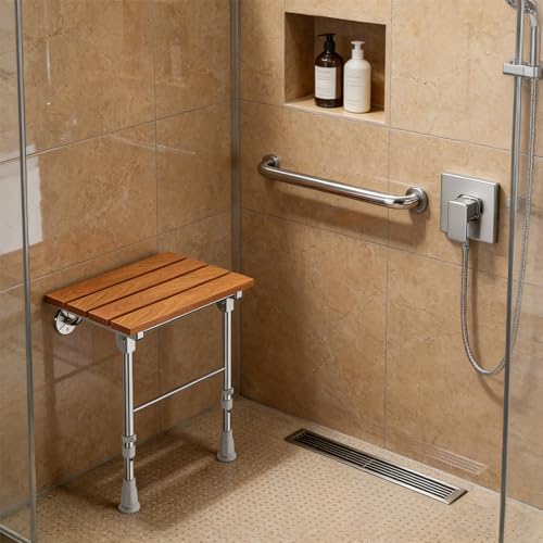 Folding Shower Seat Wall Mounted with Support Legs for Seniors, 350 lbs (Teak Wood) - color: Teak Wood