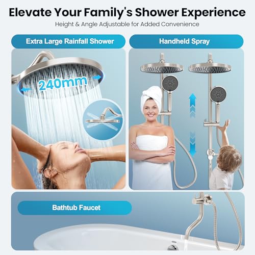Rainshower Head with Handheld Spray, Retrofit Shower System | Solid Brass Connecter, High Pressure Shower Head with Adjustable Holder& Tub Spout, 60" Stainless Steel Hose, Brushed Nickel