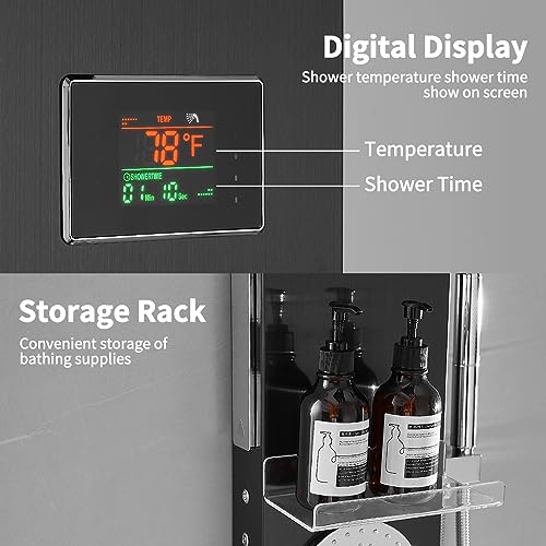 RUMOSE Matte Black Shower Panel Tower System, 5-Mode Shower Faucet Set | LED Light Rainfall Shower Head Digital Display with Massage Jets Tub Spout Shower Shelves, Stainless Steel, Wall Mount - color: Matte Black