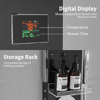 RUMOSE Matte Black Shower Panel Tower System, 5-Mode Shower Faucet Set | LED Light Rainfall Shower Head Digital Display with Massage Jets Tub Spout Shower Shelves, Stainless Steel, Wall Mount - color: Matte Black