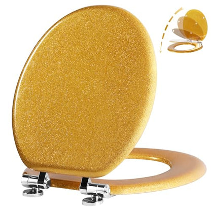 Angol Shiold Glitter Toilet Seat Molded Wood Round Toilet Seat with Quietly Close and Quick Release Hinges, Easy to Install also Easy to Clean (Round 16.5'', Gold) - color: Gold, size: Round 16.5‘’
