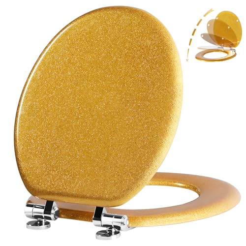 Angol Shiold Glitter Toilet Seat Molded Wood Round Toilet Seat with Quietly Close and Quick Release Hinges, Easy to Install also Easy to Clean (Round 16.5'', Gold) - color: Gold, size: Round 16.5‘’