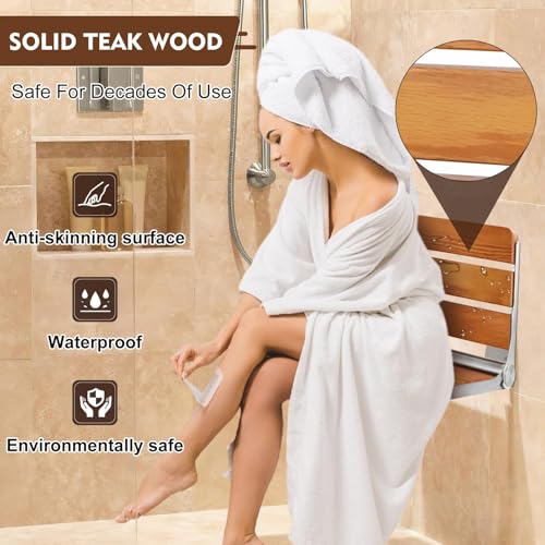 18” Teak Folding Shower Seat Wall Mounted, 400 lbs Heavy Duty Fold Down Shower Bench, Space Saving Bathroom Shower Chair with Stainless Steel Frame, Non-Slip Spa Seat for Elderly & Small Spaces - color: Yellow, size: 18 inchs