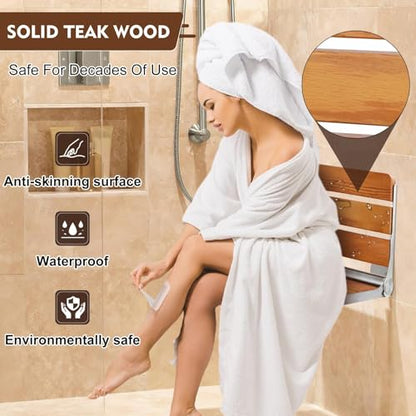 18” Teak Folding Shower Seat Wall Mounted, 400 lbs Heavy Duty Fold Down Shower Bench, Space Saving Bathroom Shower Chair with Stainless Steel Frame, Non-Slip Spa Seat for Elderly & Small Spaces - color: Yellow, size: 18 inchs