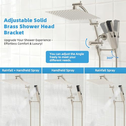 Hibbent All Metal CUPC Certified 12'' Rainfall Shower Head, Dual Shower Head Combo, High Pressure Handheld 4 Sprays Shower Wand, 16'' Adjustable Extension Arm, 71'' Hose, Shower Holder, Brushed Nickel - color: Brushed Nickel, style: Square 12''