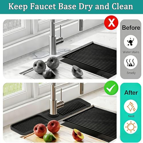 24'' Longer Kitchen Faucet Mat, Silicone Sink Splash Guard Drying Mat with 5° Slope & Cuttable Hole, Fast Draining Catcher Tray Dish Soap Sponge Holder for Kitchen Sink (Black, 24"x 5.5")