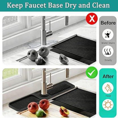 24'' Longer Kitchen Faucet Mat, Silicone Sink Splash Guard Drying Mat with 5° Slope & Cuttable Hole, Fast Draining Catcher Tray Dish Soap Sponge Holder for Kitchen Sink (Black, 24"x 5.5")