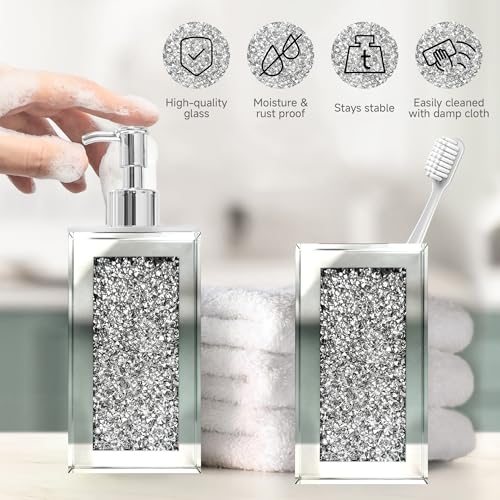 2Pcs Silver Bathroom Set, Mirror Finish & Diamond Accent Soap Holder,Modern | High polish mirror glass, sparkling diamond accents, sleek silhouette, stain proof surface, easy to clean, generous capacity - color: Silver