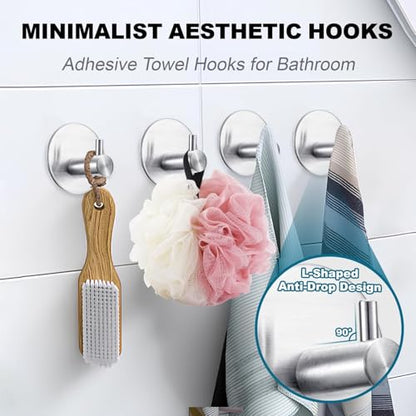 Towel Hooks for Bathroom (4 Pack) Adhesive Towel Hook Shower Hooks for Inside Shower - Sticky Bathroom Wall Hooks for Hanging Towels, Robe, Loofah, Bath Sponge - Brushed Nickel Towel Hooks - color: Silver