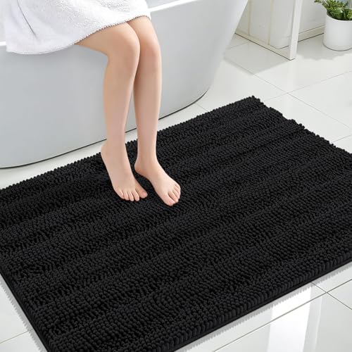 OLANLY Thick Large Bathroom Rugs 44x32, Soft Chenille Bath Rugs, Black | Absorbent Striped, Rubber Backing, Machine Wash Dry, Bath Mats for Bathroom Floor, Tub and Shower, Home Decor Accessories - color: Black, size: 44" X 32"
