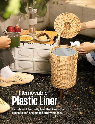 Tidita Wicker Trash Can with Lid, Decorative Bathroom Trash Can, 1.5 Gallon | Water Hyacinth Material, Wooden Legs, Removable Liner, Handwoven, Space-Saving Design, Assembly Required, Rustic & Boho Style - size: 1.5 Gallons