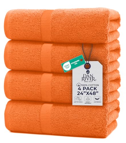 DAN RIVER 4 Pack Cotton Bath Towels 24x48 Inches, Orange | Soft, lightweight cotton bath towel with excellent absorbency for everyday bathing, drying, and bathroom use - color: Orange, size: Bath Towel (24x48)