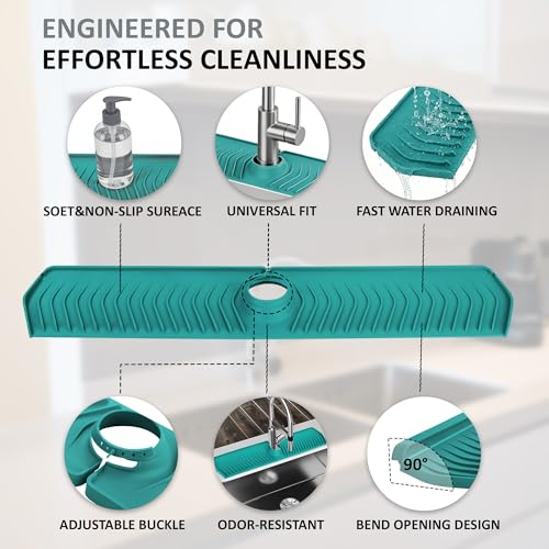 Extra Long Silicone Faucet Mat, 76cm Double-Sided Drain Pad for Kitchen Sink & Bathroom, Flexible Splash Guard with Center Hole, Non-Slip, Easy to Clean, Fits Most Faucets (Teal) - color: Teal