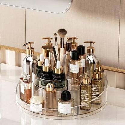 Taiuloo 360 Rotating Makeup Organizer, Clear Acrylic Lazy Susan Cosmetic Storage Turntable for Skincare, Perfume & Lipstick, Round Spinning Tray with Brush Holder for Vanity, Bathroom