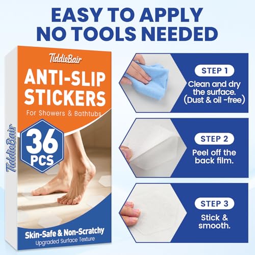 36 PCS Shower Anti Slip Stickers, Shower Floor Grip Bathtub Non Slip Stickers also for Stairs, Upgraded Textured Surface|Smooth Rubber Track Feel -- Skin-Friendly & Better Grip, Clear Hex 3.15”