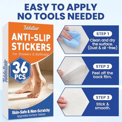36 PCS Shower Anti Slip Stickers, Shower Floor Grip Bathtub Non Slip Stickers also for Stairs, Upgraded Textured Surface|Smooth Rubber Track Feel -- Skin-Friendly & Better Grip, Clear Hex 3.15”